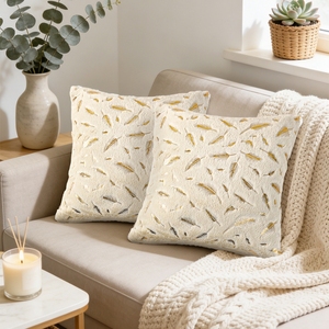 2 Pezzi Federe Decorative con <span class=keywords><strong>Piume</strong></span> Stampate in Oro su Sfondo Beige 43*43cm, Copricuscini in Peluche Corto per Divano e Casa - Product Image 3