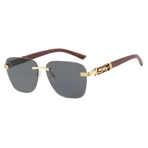 Kacamata hitam persegi tanpa bingkai elips, Uv400 warna musim panas mode wanita kacamata logam kacamata hitam