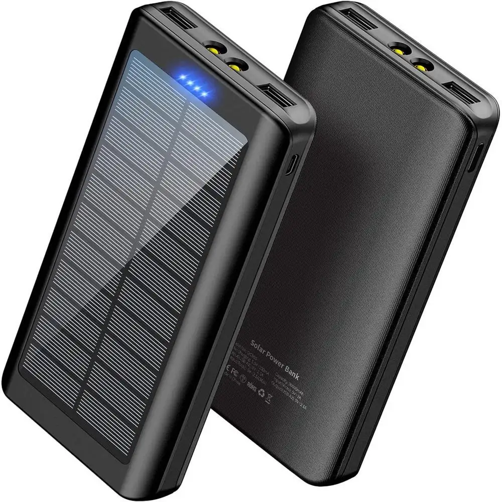 Customized Ultra Thin Portable Charger Power Bank with LED Flashlight Outdoor Camping Solar Power Bank 20000mAh Large Capacity