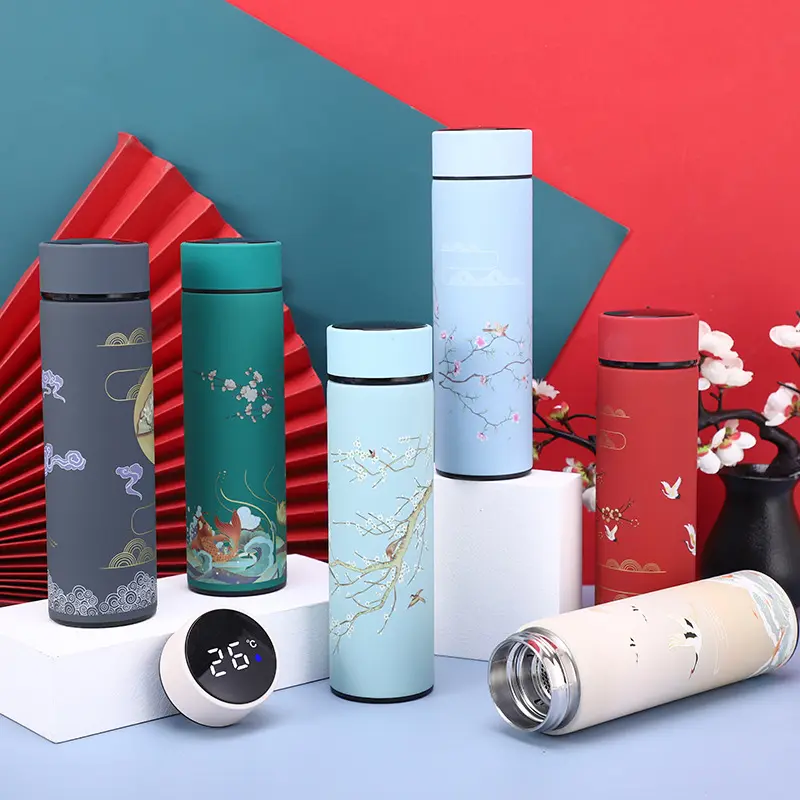 Creatieve Chinese Print Stijl Intelligente Temperatuur Display Rechte Lichaam Roestvrijstalen Thermos Beker Gift