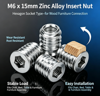 Écrou à sertir hexagonal sur mesure pour bois, filetage interne M6, longueur 15 mm, denture externe pour assemblage de meubles en contreplaqué et bois dur
