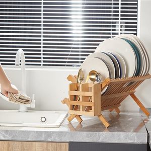 Bamboo Double Layer Dish Rack With Cup Holder Quick Dry Draining Rack For <b>Kitchen</b> Countertop Storage - Product Image 3