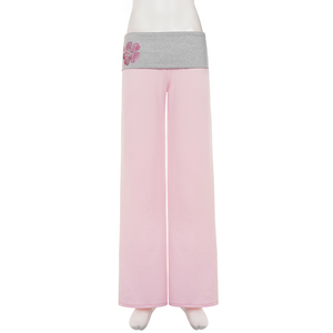 Pantalones Largos Casuales de Estilo Puro con Bloques de Color, Pedrería Floral y Cintura Plegable, para Descansar en Casa, Cómodos y Relajados para Chicas - Product Image 6
