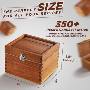 Boîte de rangement pour recettes en bois 17,8x15,2x14cm, organiseur de cuisine rectangulaire à couvercle rabattable gravé pour cartes de recettes - Product Image 2