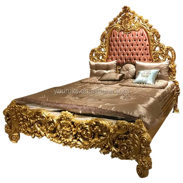 Regal Baroque Louis Double Bed Arabic Style 24K Gold Leaf Hand Made Carved Oak Wood XV Indian Home Furniture Bedroom Furniture