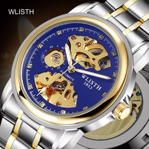 Wlisth <span class=keywords><strong>1001</strong></span> Montres Squelette Montre-bracelet automatique Top Brand Men Business Mechanical Full Stainless Steel & Leather Band Gifts - Product Image 1