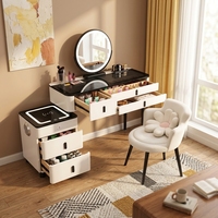 Coiffeuse moderne pliable en chêne massif avec miroir éclairé, surface en verre, station de charge sans fil et quincaillerie en acier inoxydable