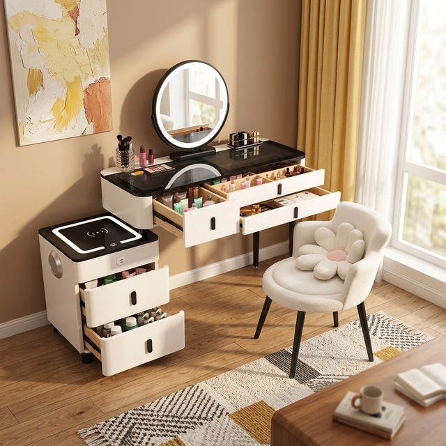 Modern Solid Oak Wood Foldable Vanity Dresser Lighted Mirror Glass Surface Wireless Charging Station Stainless Steel Hardware