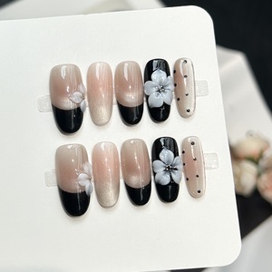 <span class=keywords><strong>Uñas</strong></span> postizas acrílicas hechas a mano al por mayor, cortas, almendradas, estilo francés, ojo <span class=keywords><strong>de</strong></span> gato, 3D, con flores tropicales, empaque personalizado - Product Image 6