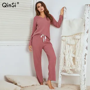QINSI Autumn Nightwear Pyjamas Home Loungwear V-neck Long Sleeve Top and Trousers Sleepwear Waffle Knit 2023 Pink Pajama Set