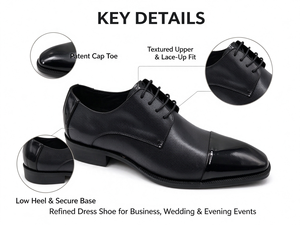 Zapatos Oxford de vestir con puntera negra para hombre, parte superior de cuero texturizado, calzado formal con cordones, suela antideslizante para negocios, bodas y oficina - Product Image 2