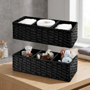 Panier de rangement rectangulaire noir tissé avec séparateurs pour l'organisation des articles de salle de bain - Product Image 3
