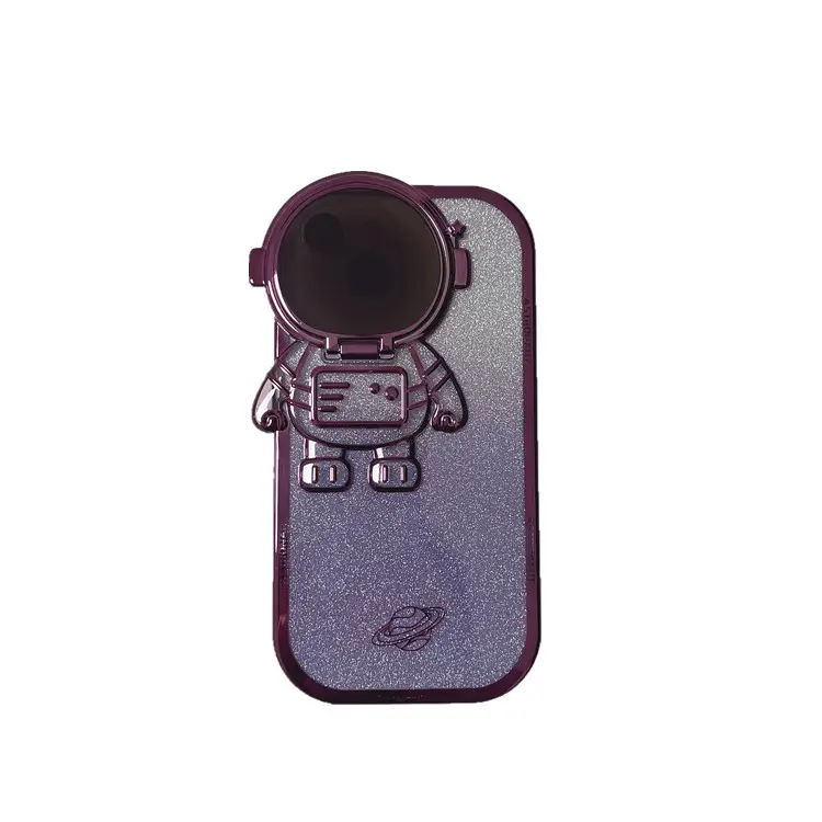 IPhone用最新カメラレンズ保護ブラケット電話ホルダー11 12 13 14 Pro Max 3D宇宙飛行士スタンドメッキパープルグリッターケース