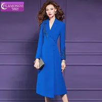 Robe de maternité bleue perlée sur mesure FMY Factory pour femme, style décontracté chic d'affaires, col tailleur, automne-hiver