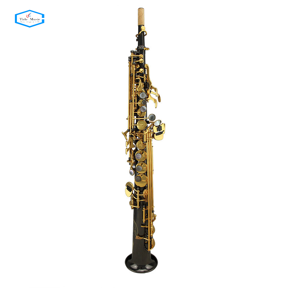 Прямой черный никелированный Саксофон сопрано с золотыми клавишами от производителя