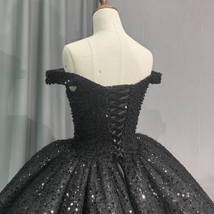 Vestidos de Quinceañera Clásicos Modernos Negros con Hombros Descubiertos, Encaje Floral con Cuentas, Apliques de Cristal y Falda Abullonada para DY6679 - Product Image 6
