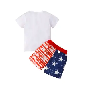 Green Horizon Summer USA Style Children's Clothing Set Independence Day Star Stripes Short Sleeve Set Knitted Kids Clothes Set