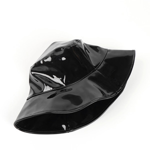 Black PU Bucket <b>Hat</b> Women Winter Casual Wide Brim <b>Flat</b> Top Fashion <b>Hat</b> - Product Image 3