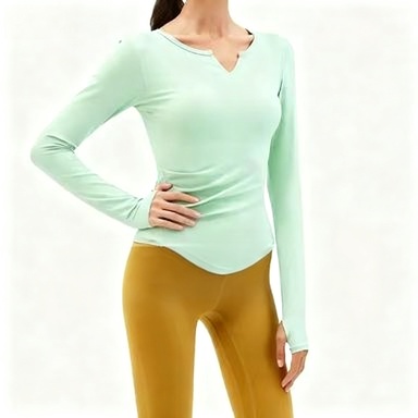 Yoga Tank Top Long-Sleeved Breathable Four-Way Stretch Loose V-Neck Nude Fitness Women's with Bra Pads