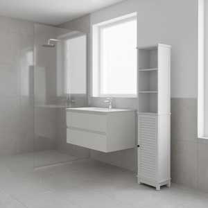 Armoire à linge Louvre, armoire haute avec compartiments, armoire étroite pour salle de bain, tour à linge en bois avec porte et étagère de rangement réglable - Product Image 3