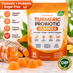 Gummies Probiotiques au Curcuma et au Gingembre pour la Santé Digestive et Intestinale, Supplément à base de Bacillus Coagulans, Sans Sucre, Végétalien, Marque Blanche - Product Image 1