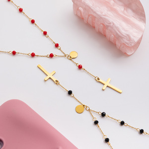 18K Gold Stainless Steel <b>Cross</b> Pendant Necklace Black Glass Bead <b>Chain</b> Everyday Wear Unisex - Product Image 4