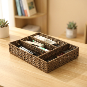 <b>Rectangular</b> Natural Rattan <b>Storage</b> <b>Basket</b> With Dividers For Desk Organization Eco-Friendly Simple Style Sundries Holder - Product Image 2