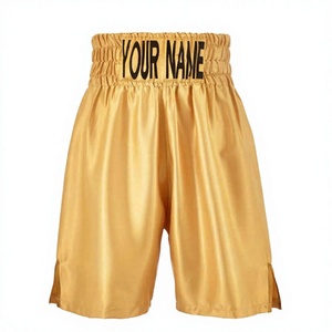 Shorts de boxe personnalisés en or unisexe, coupe ajustée, logo imprimé numériquement sur le devant, vêtements d'arts martiaux pour adultes, 100% polyester, légers et à séchage rapide - Product Image 1