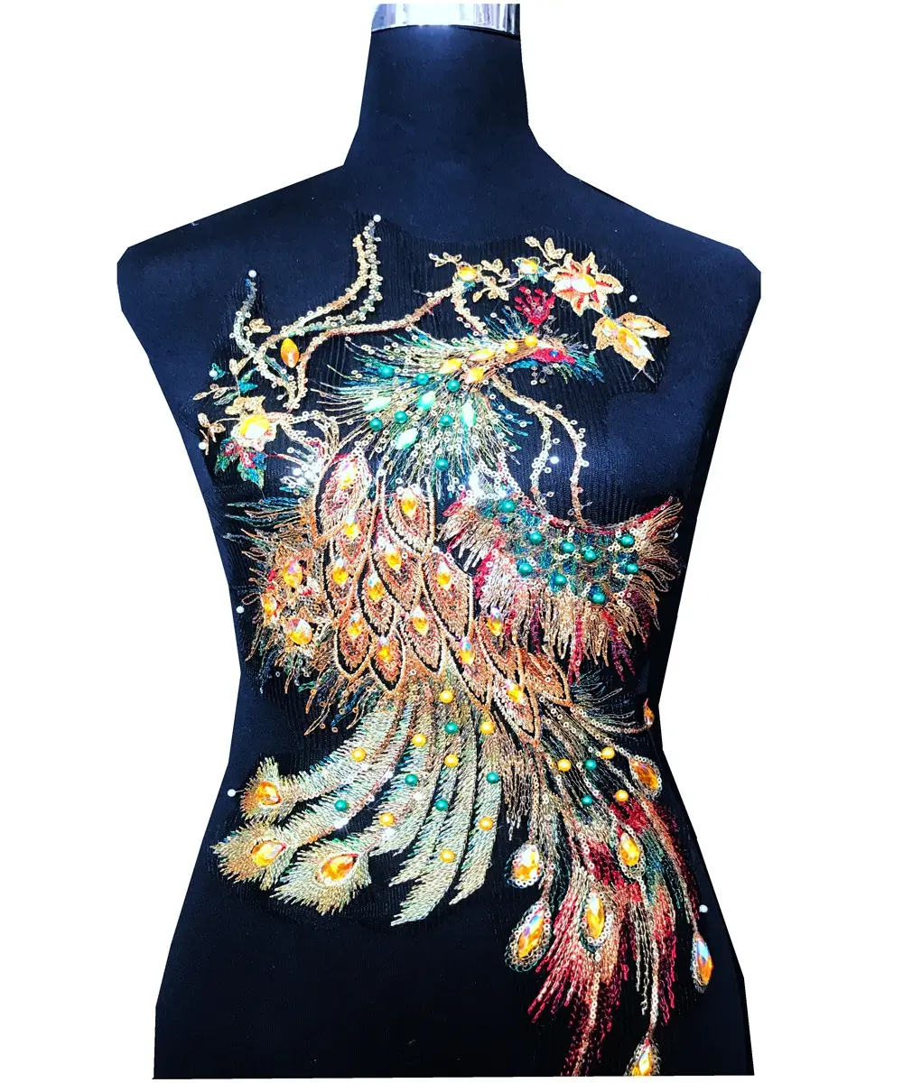 Große goldene Pailletten Phoenix Peacock Stoff Aufkleber Mesh Stickerei Applique Kleid und Cheong sam dekorative Blumen applikation