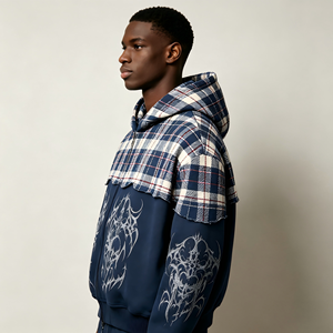 Felpa con Cappuccio e Zip con Colletto a Quadri, Stampa Gotica Completa DTG Kornit, Abbigliamento Casual da Strada <span class=keywords><strong>in</strong></span> Tonalità Scure per Uomo - Product Image 1
