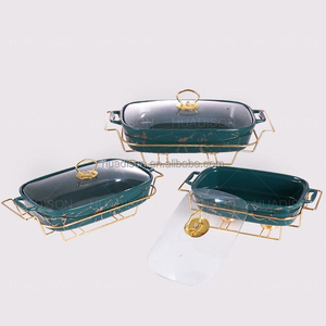 Huadison Catering Equipment Buffet <span class=keywords><strong>Novela</strong></span> Mármol verde <span class=keywords><strong>esmeralda</strong></span> Plato de frotamiento de cerámica decorativo con soporte de metal dorado - Product Image 1