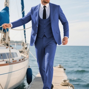 Pantalon de costume d'occasion pour homme, 2 pièces, simple boutonnage, style italien, bleu marine, col cranté, tissu sergé respirant - Product Image 3