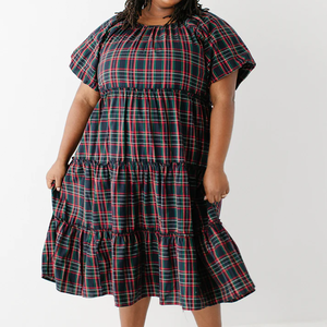 Vestido <span class=keywords><strong>Midi</strong></span> <span class=keywords><strong>de</strong></span> Otoño para Mujer, Diseño Personalizado, Estampado a Cuadros Rojos, Casual, Manga Corta, Cuello Elástico con Volantes, Estilo Línea A, Fluido, 3 Capas, Algodón y Poliéster - Product Image 3