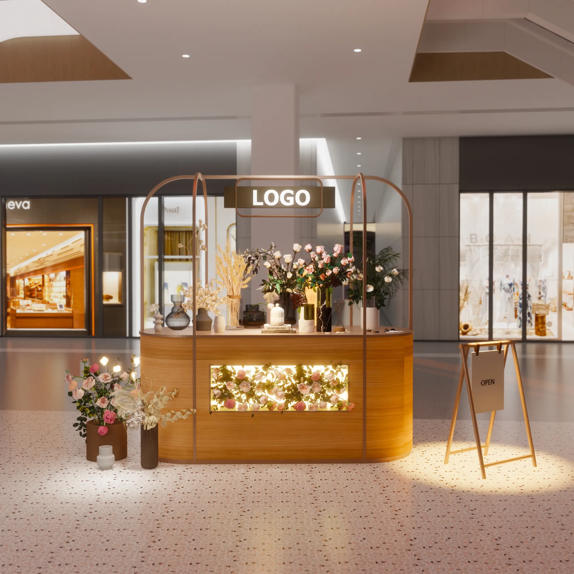 Chiosco centro commerciale di alta qualità in legno espositore personalizzato segno di illuminazione a Led fiori vetrina