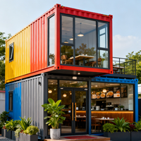 Restaurant en conteneur maritime à deux étages, avec cafés/boutiques/stands en conteneurs.