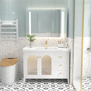 Armoire de salle de bain sur pied en bois massif de chêne de luxe de style américain de première classe vasque en céramique pour salle de bain