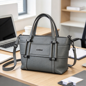 Gray PU Leather Women Tote Bag <b>Red</b> Inner Lining Top Handle <b>Handbag</b> With Detachable Crossbody Strap - Product Image 5