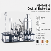 Kit de barman personnalisé ODM OEM avec logo, 22 pièces, shaker à cocktails de 700 ml, outils de bar en acier inoxydable avec support d'affichage en acrylique