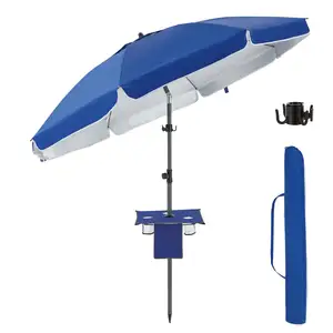 7FT Heavy Duty Windproof 8 Steel Ribs Adjustable Lift Beach Umbrellas With Table Tray Sand Anchor UV50+ Outdoor Sun Parasol