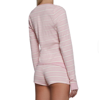 Ensemble pyjama rayé rose pour femmes, haut boutonné avec garniture en dentelle et short, vêtements de nuit, tenue deux pièces