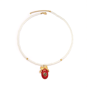 Collier de perles avec breloque en émail rouge plaqué or en acier inoxydable 316L, design durable - Product Image 2