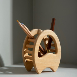 Solid Wood Egg Shaped Pen Holder Natural Color <b>Round</b> Design For Pencils And Makeup <b>Brushes</b> Storage Box - Product Image 1