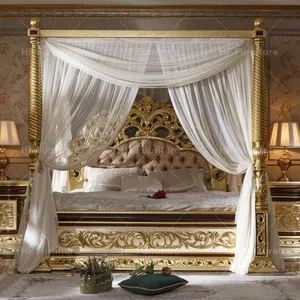 Meubles de chambre à coucher Villa Palace Lit King Size de luxe en bois massif sculpté cadre de lit classique