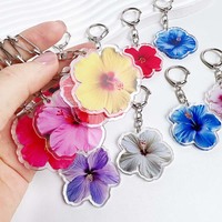 Porte-clés acrylique fleur d'hibiscus, fleur d'hibiscus Simulation fleur Double face acrylique pendentif décoration porte-clés