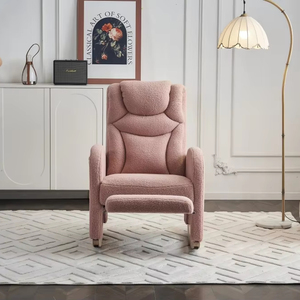 Moderna e Resistente Sedia a Dondolo Rosa per Soggiorno, Interno/Esterno, Relax, Tessuto Teddy, Design con Gambe in Legno, Arredamento per la Casa - Product Image 1