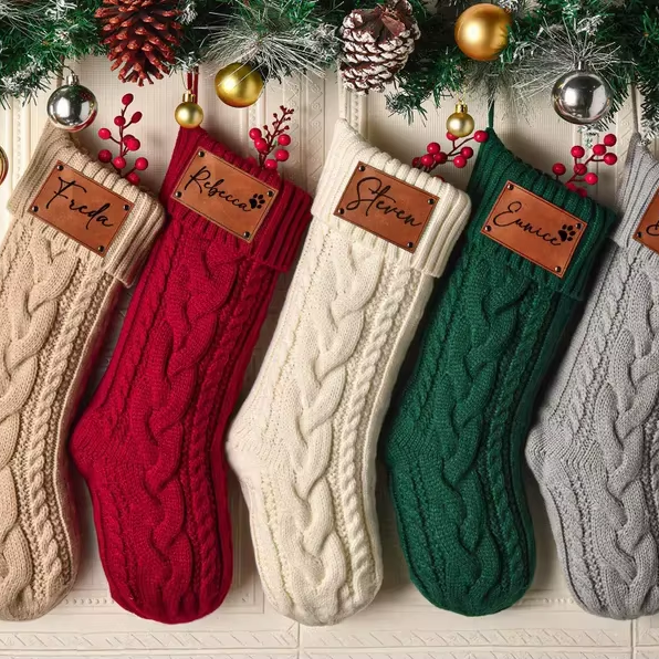 Farmhouse Knitted Personalized Christmas Stockings 6 Pack 18 Inch - Rustic Earth Tones White Beige Brown Xmas Hanging Decorations