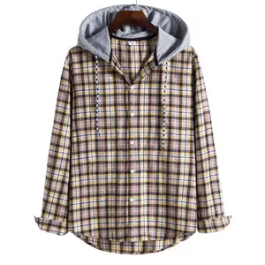 Vintage Plaid Shirts Men's Autumn Long Sleeve Hooded Oversize Button Up Shirt Korean Fashion Casual Fall Outwear Top Blouse