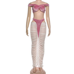 Ensemble jupe et haut pour femme, deux pièces, haut court sans manches ajouré, jupe longue <span class=keywords><strong>maxi</strong></span> à volants, patchwork, transparent - Product Image 4