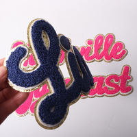 Écussons thermocollants personnalisés en chenille avec bordure dorée à paillettes, broderie effet serviette, transfert thermique, support adhésif, badges pour vêtements