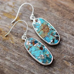 Pendientes de Piedra Natural con Incrustaciones de Turquesa en Bisel Plateado, Joyería de Moda - Product Image 2